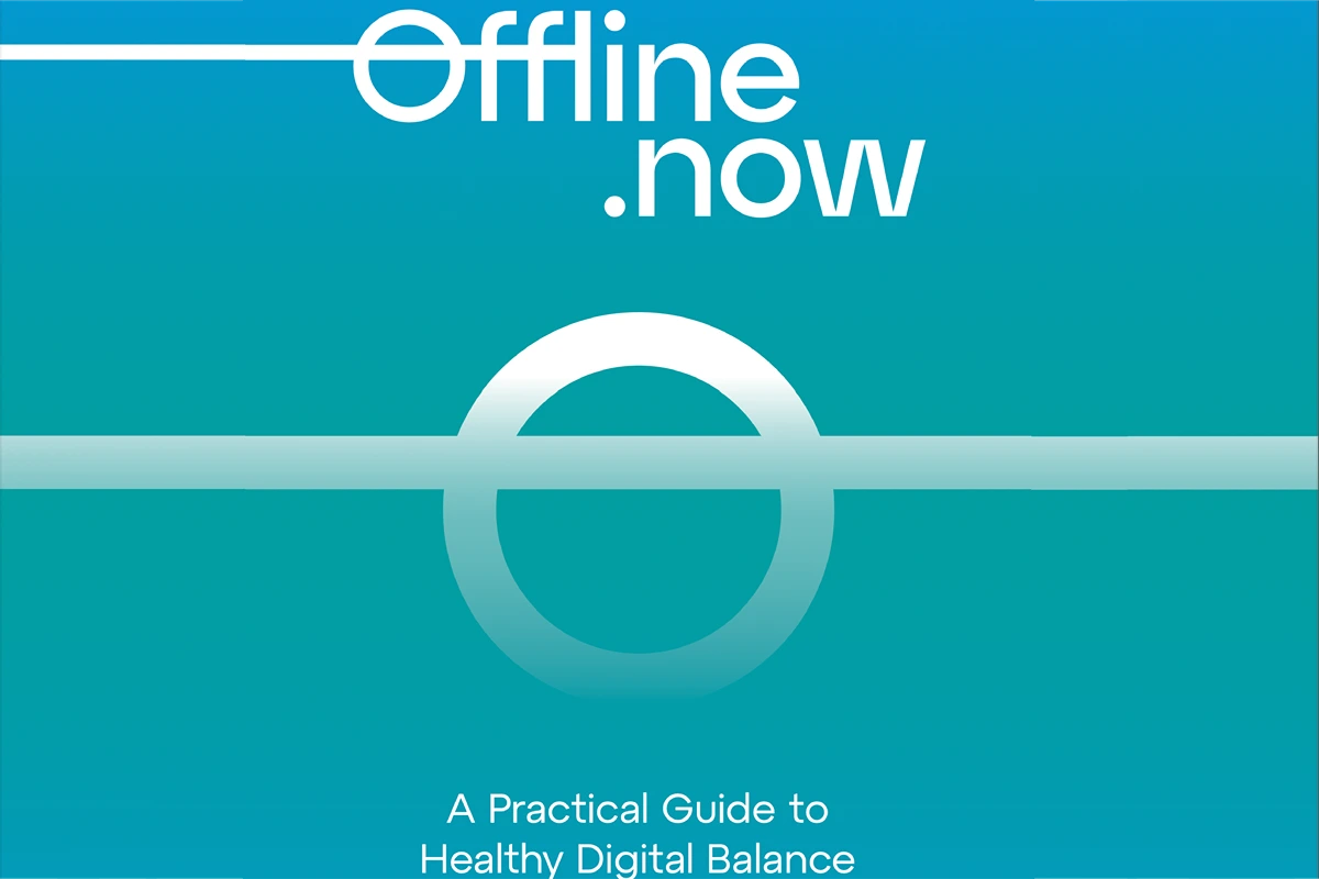 Book cover for "Offline.now A Practical Guide to Healthy Digital Balance" with a graphic of a white faded circle with a line across it.