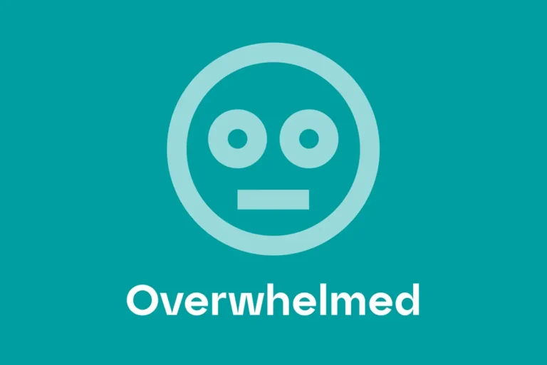 Blue background with a cartoon face looking overwhelmed. With the text "Overwhelmed" below