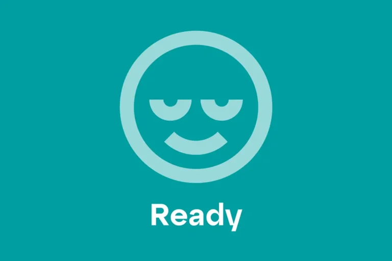 Blue background with a cartoon face looking engaged and ready. With the text "Ready" below