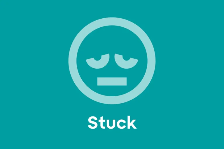 Blue background with a cartoon face looking discouraged. With the text "Stuck" below