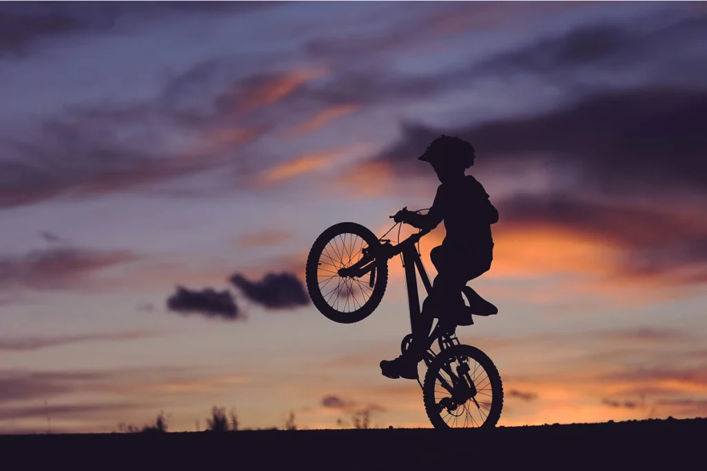 Image of person riding a bicycle on one wheel during sunset