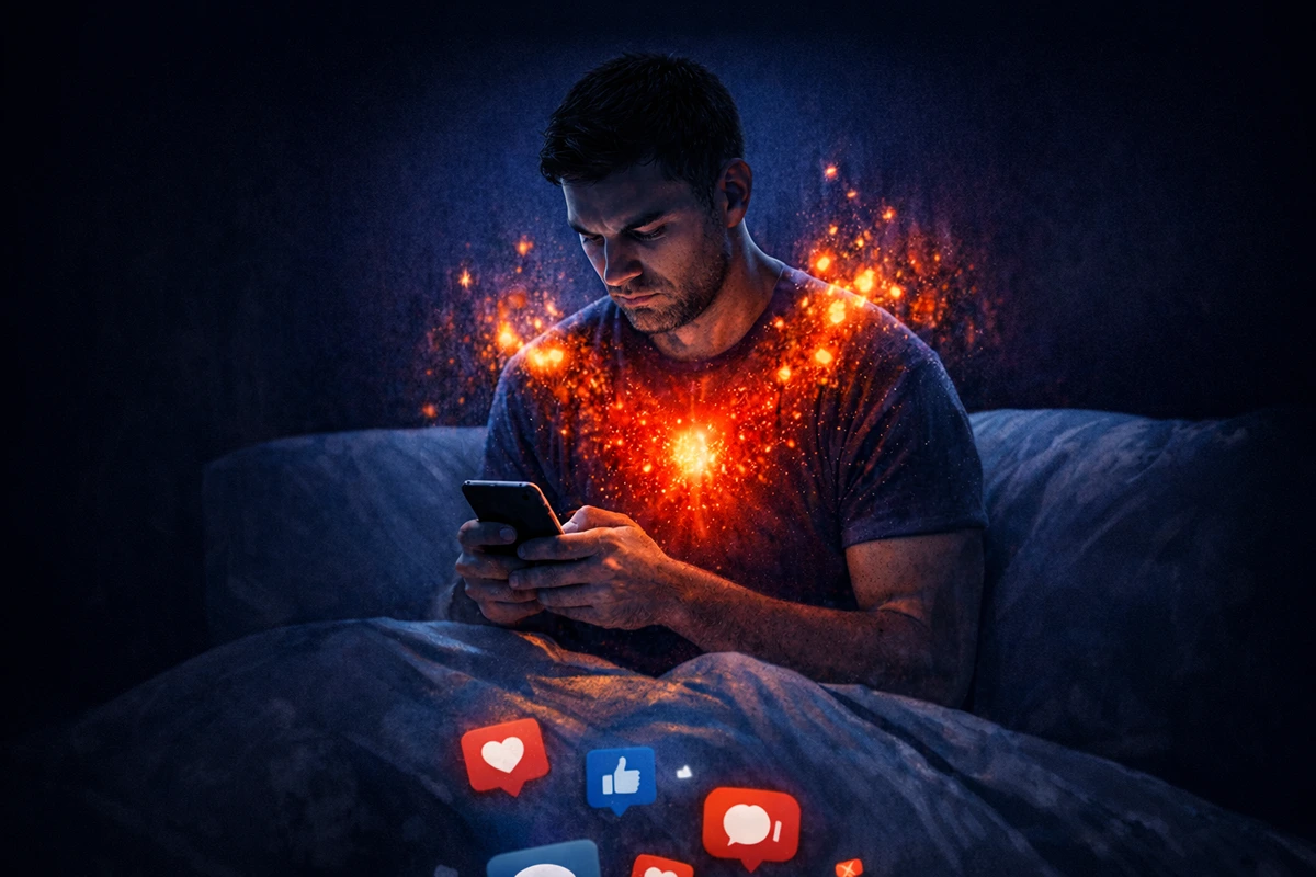 Person on social media at night with graphics expressing inflammation