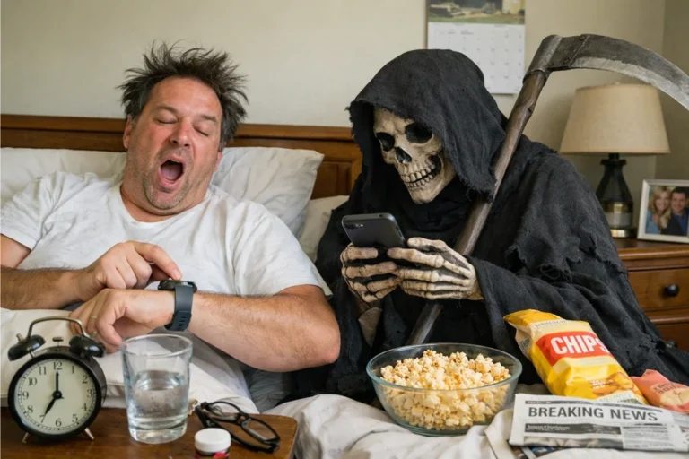 Image of person in bed with the image of death doomscrolling