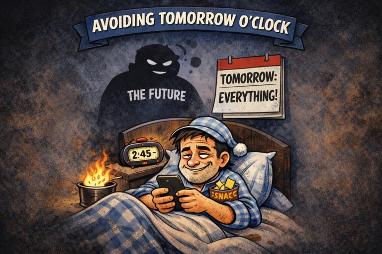 Graphic of person in bed scrolling on their phone avoiding the fear of tomorrow